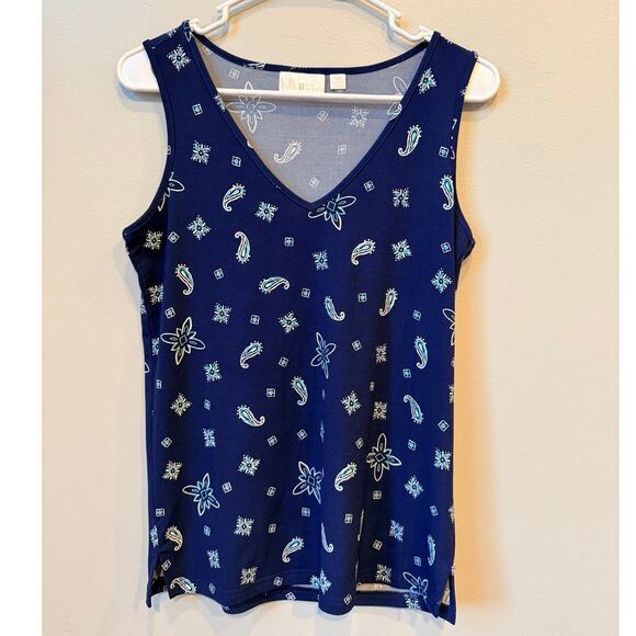 Belle by Kim Gravel Tops - Belle by Kim Gravel Navy Paisley Knit V-Neck Tank Top Women's XXS Stretch